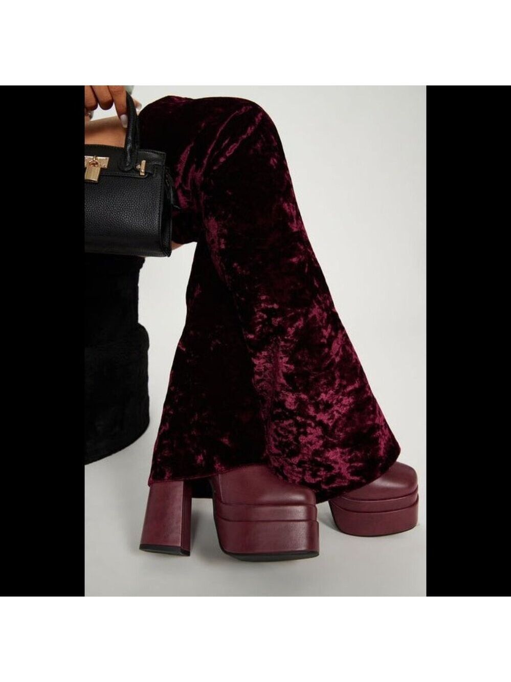 Good Will Unique Thigh High Wine Red Velvet Fold over Chunky Heel Platform Boots - Picture 8 of 10